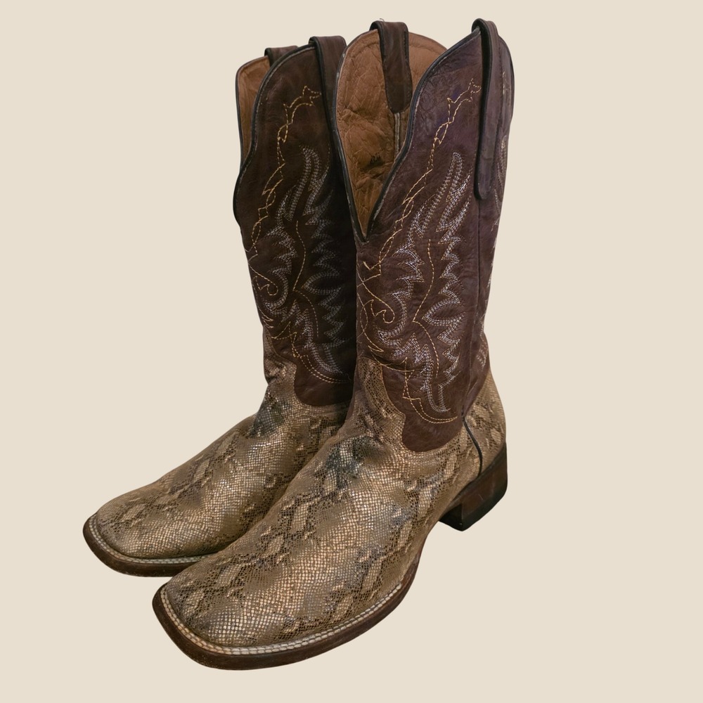 Tanner Mark Mens Cowboy Boots Size 10.5 Brown Faux Snakeskin Embossed Square Toe